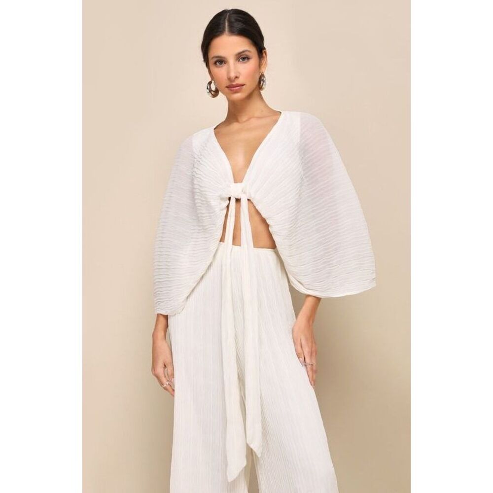 Lulus Pristine Presence Ivory Plisse Tie-front Dolman Sleeve Crop Top White